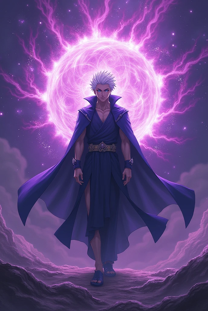 Make an art of Gojo satoru doing domain expansion and the background should have purple light