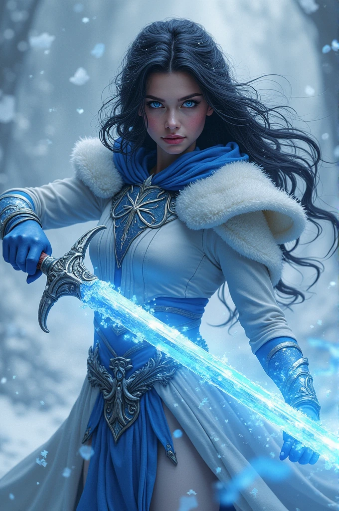 Create a character with black hair, blue eyes, starfish, an ice sword, white and blue clothes, and snow powers.