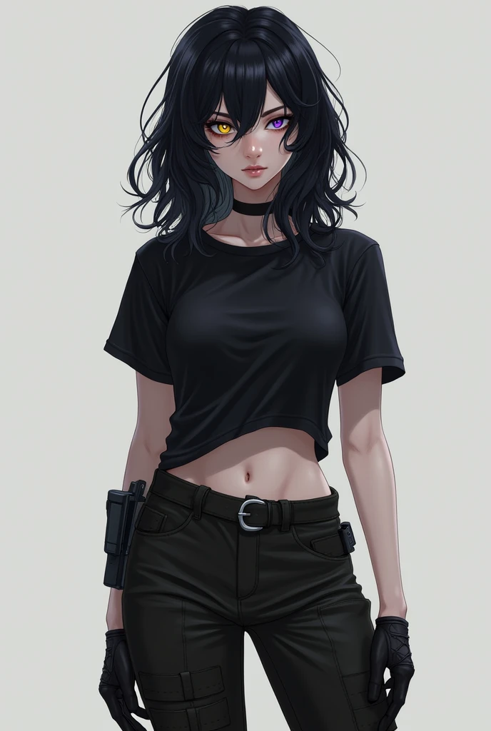 Crow's appearance, she naturally has a rather pale complextion, matched with her black wavy hair and unique eyes her left eye violet and her right eye yellow, and her bangs that always seem to cover her right eye giving her a shy vibe, often  wears a tight black shirt tucked under a pair of tactical pants along with combat boots