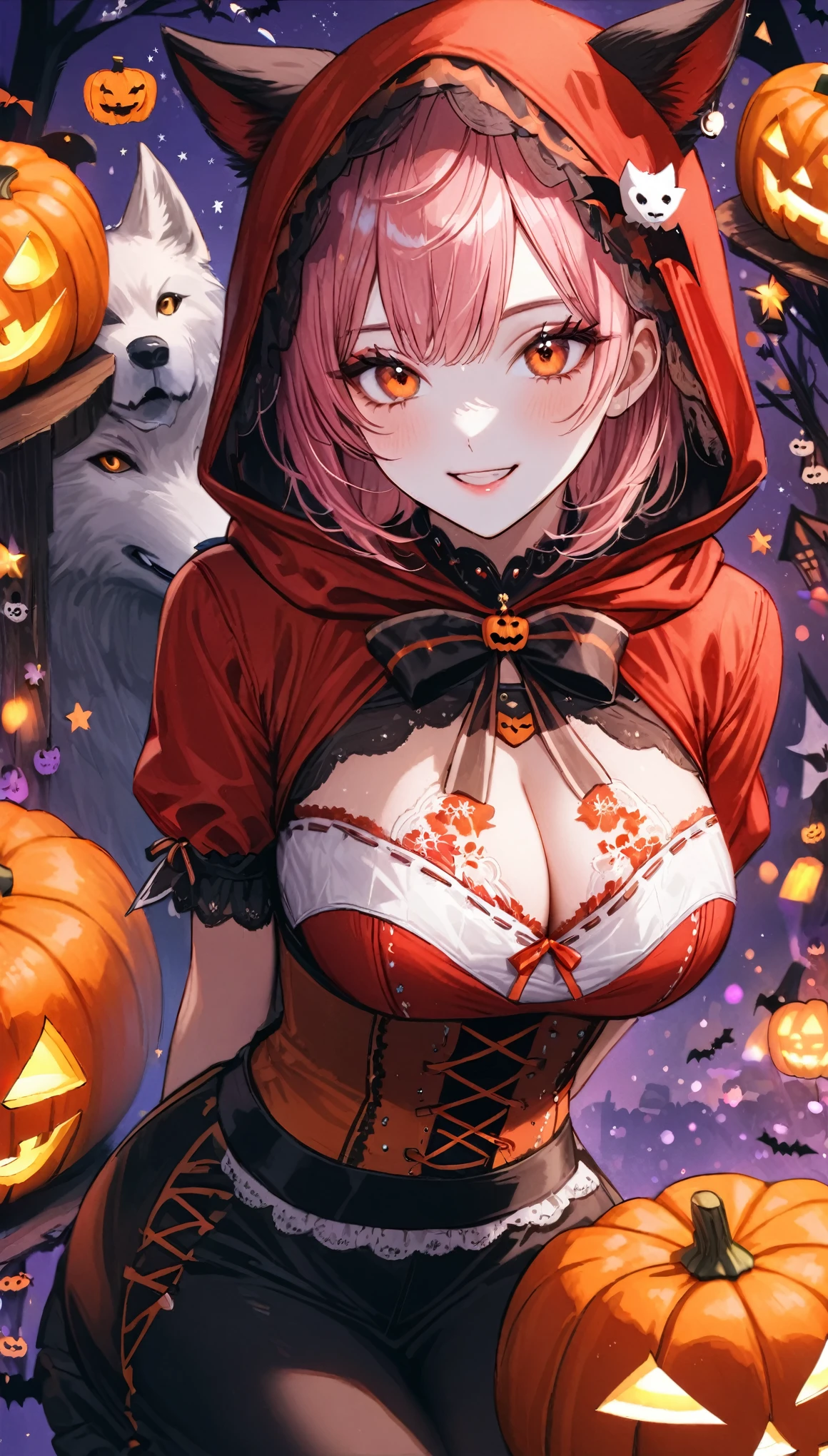 (Halloween theme:1.5), (fantasy:1.5), (Alice in wonderland:1.3), upper body portrait of a very busty beautiful women wearing halloween LITTLE RED RIDING HOOD costume, skin tight full lacy ultra detailed embroidery Dirndl, (fusion of red satin dirndl and gothic lolita:1.3), BREAK, ((D1.3, happy evil smile:1.2)), perfect face,perfect eyes,HD details,high details,sharp focus,studio photo,HD makeup,shimmery makeup,celebrity makeup, (bust up image:1.5), (centered image) (HD render)Studio portrait,magic, magical, fantasy,(huge breasts)(large breasts),(big breasts),(sagging breasts), tree, forest, halloween forest, jack-o'lantern, pink hair, halloween background, bright pumpkin, (RedHoodWaifu, (red hood, cap)), (arms down:1.3), (arms behind back:1.3), (hands between legs:1.3), (front view:1.3), wolf, from above,