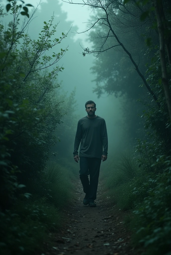 Video of a man walking and the bushes moving behind him