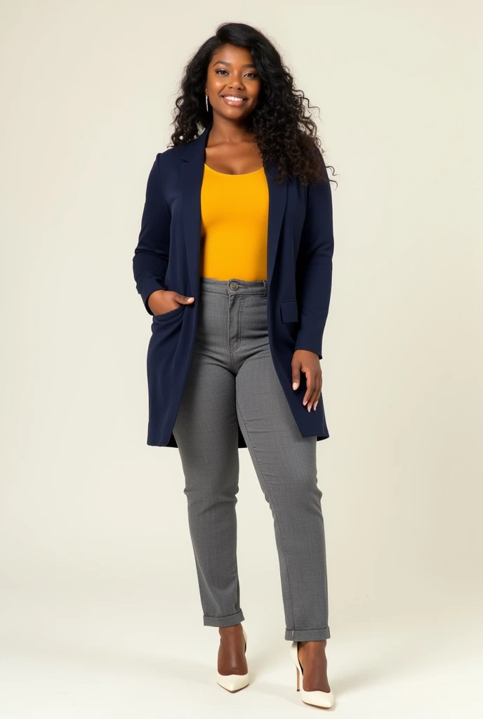 captured with a Sony α7 III camera, young Black American, perfect hourglass body figure, fitted cardigan Deep navy in color above the hip line, inner Blouse Mustard yellow, straight cut trousers grey in color, white high heels, standing straight, creamy white background.