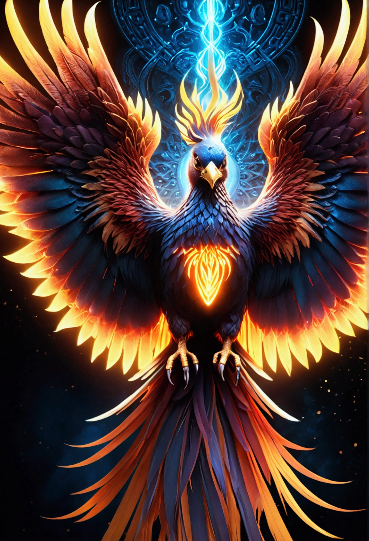 A mythical phoenix, an extremely detailed study with glowing energy lines, chakras, aura beams and pulsating lights. Beautiful cinematic lighting, surreal, color graded, dynamic movement, captivating chiaroscuro, (special effects:0.1), full body, award-winning, cinematic still, emotional, vignette, dynamic, vivid, (masterpiece, best quality, photorealistic, Professional, perfect composition, very aesthetic, absurdres, ultra-detailed, intricate details:1.3)