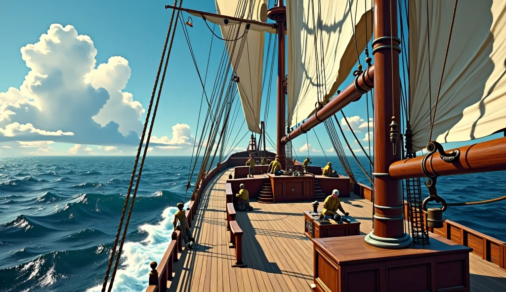 The deck of a sailing ship in the middle of the sea during the day