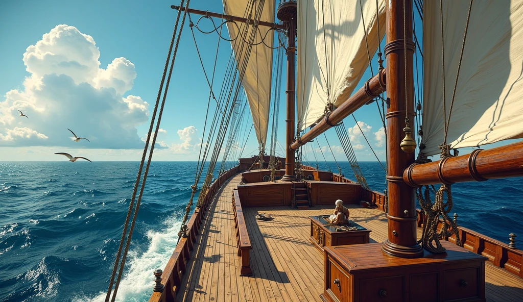 The deck of a sailing ship in the middle of the sea during the day