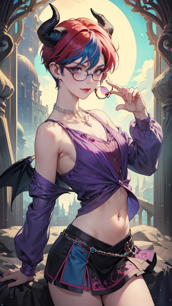 8k, masterpiece, best quality, highly detailed, 1 girl, tiefling, warlock, pixie cut, multicolored hair, very short straight hair red highlight hair on white hair, strippled hair, wearing glasses, round glasses, earrings, navel piercing, red eyeshadow, long eyelashes, blushed cheek, red lips, pearl necklace, rings, collarbone, mole on face, glamorous, teal and purple clothes, sleeveless, miniskirt, smirk, close up view, rings, looking at viewer, demon horns, solo, starry sky, pale blue moon, standing, boxing stance, demonic arms, chains on the background.