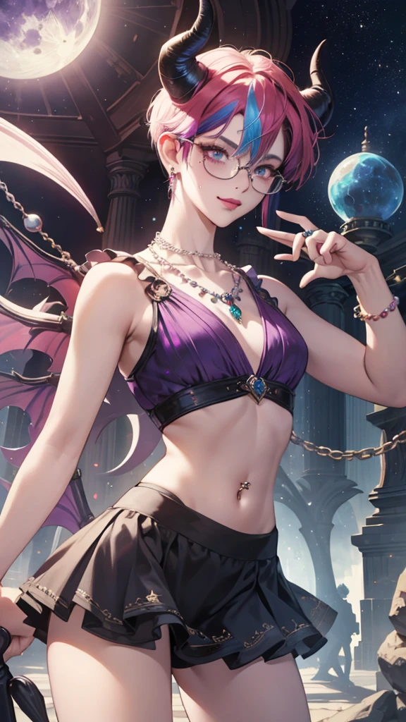 8k, masterpiece, best quality, highly detailed, 1 girl, tiefling, warlock, pixie cut, multicolored hair, very short straight hair red highlight hair on white hair, strippled hair, wearing glasses, round glasses, earrings, navel piercing, red eyeshadow, long eyelashes, blushed cheek, red lips, pearl necklace, rings, collarbone, mole on face, glamorous, teal and purple clothes, sleeveless, miniskirt, smirk, close up view, rings, looking at viewer, demon horns, solo, starry sky, pale blue moon, standing, boxing stance, demonic arms, chains on the background.