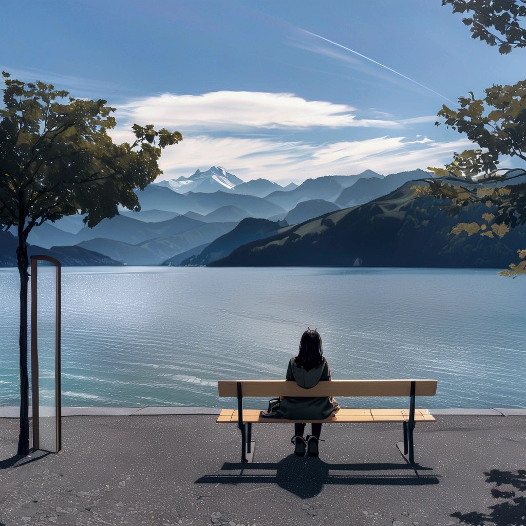 araffe sitting on bench overlooking a lake and mountains, sitting in front of the lake, sitting on bench, A beautiful place, sitting on bench, sitting on bench, Looking at the water, picture, Nico Henry(Niko Henrichon), 인스타그램 picture 놀라운 경치, Switzerland 알프스에서, beautiful view, looking at the mountain, Switzerland, 아름다운 picture