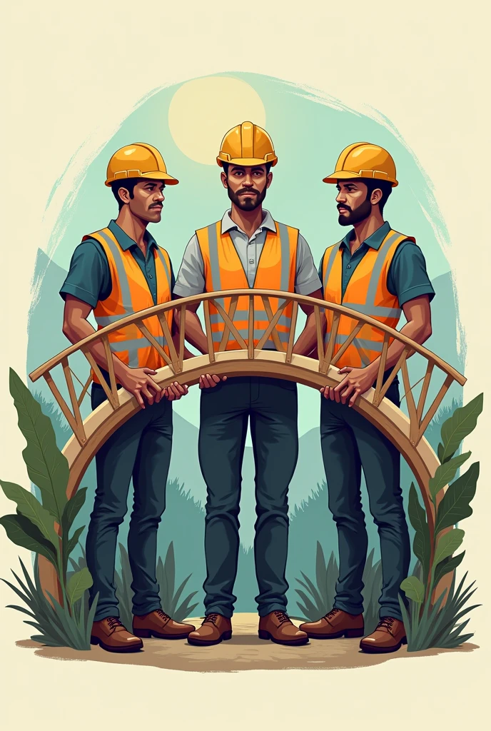 I want a unique logo, of 3 civil engineers holding a balsa wood bridge in their hands, the name is the disrespectful ones, The bridge is arched and is Colombian from Casanare 