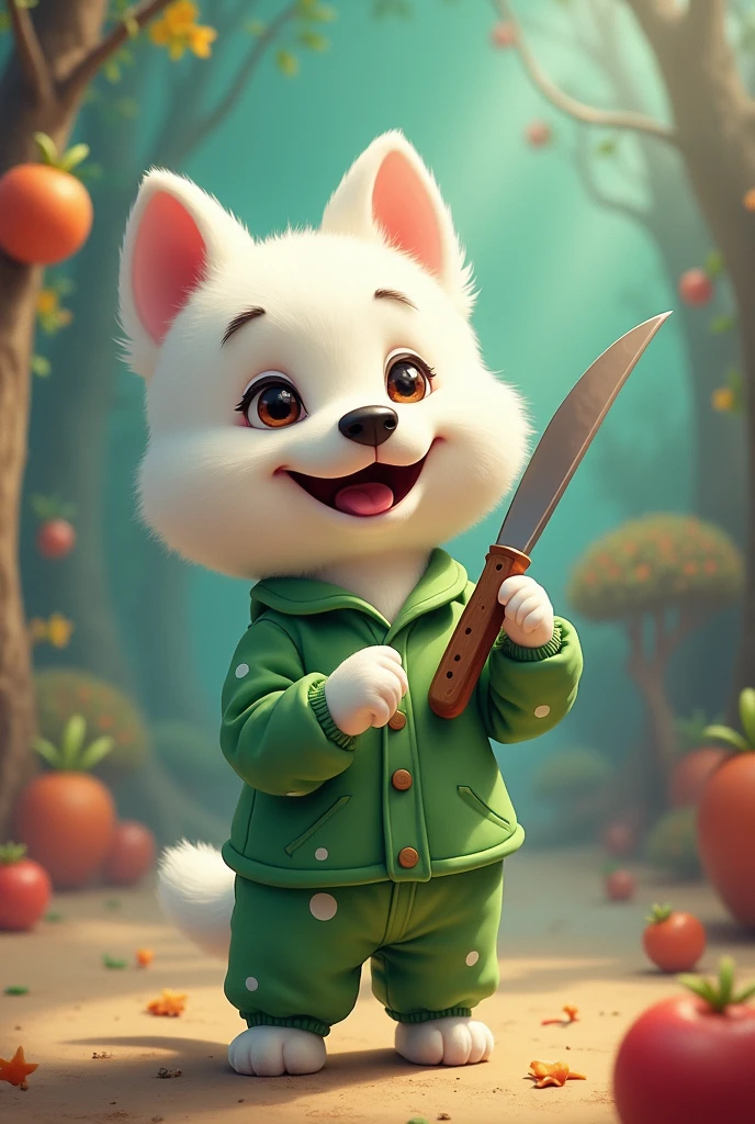 Chapi white dog with green pajamas enlarging a knife