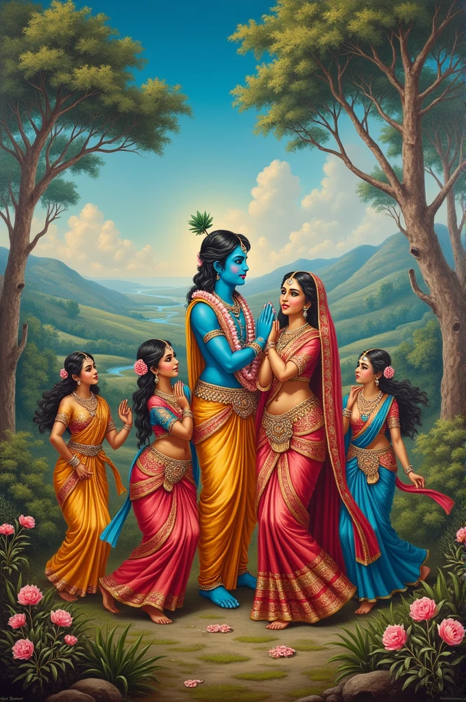 Lord Krishna with Radha and gopikaas 