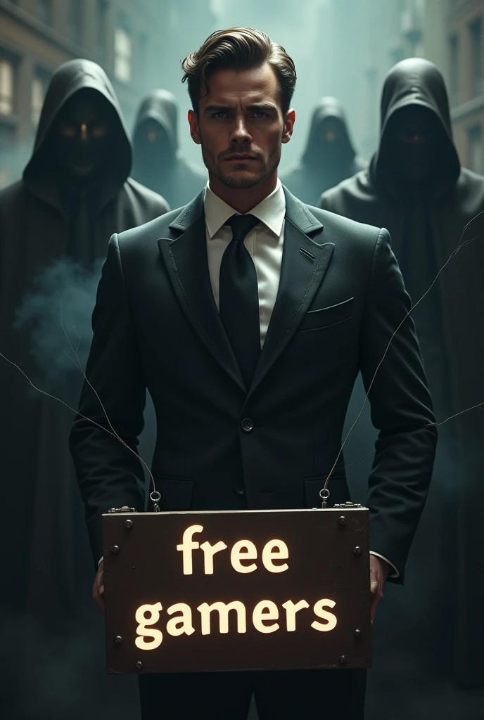 A dark background with a stylish looking man with smoke in the background , that has several dark people behind it with a sign below that says “FREE GAMERS” 

