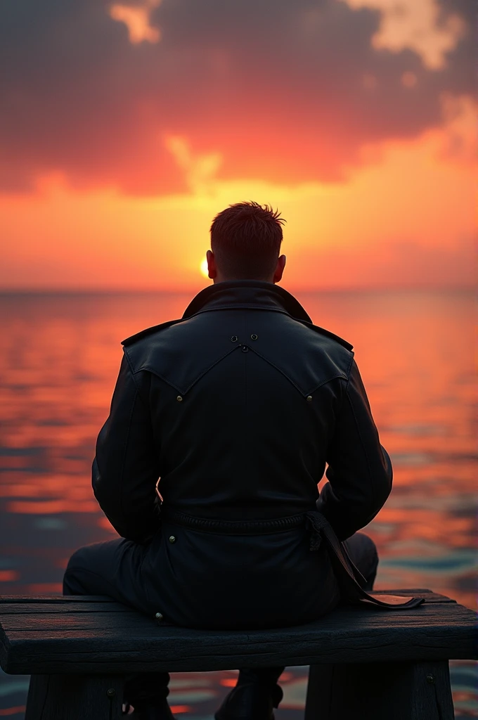 A pirate with short black hair dressed in a black leather pirate coat is sitting on a bench and stares sadly into the sunset. The ocean is calm, the sunset is burning down and he thinks of his love, that died in his arms. He sits there in grief, yet is it a beautiful atmosphere with warm and soft light. You can only see his back, full body, hyperrealistic, cinematic.