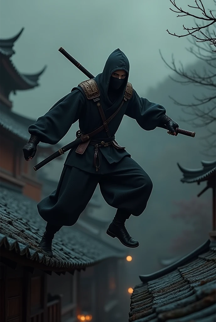 a ninja warrior, leather shoulder pads, Ninja of course, a katana, jumping off a roof, dark environment, setting of feudal Japan