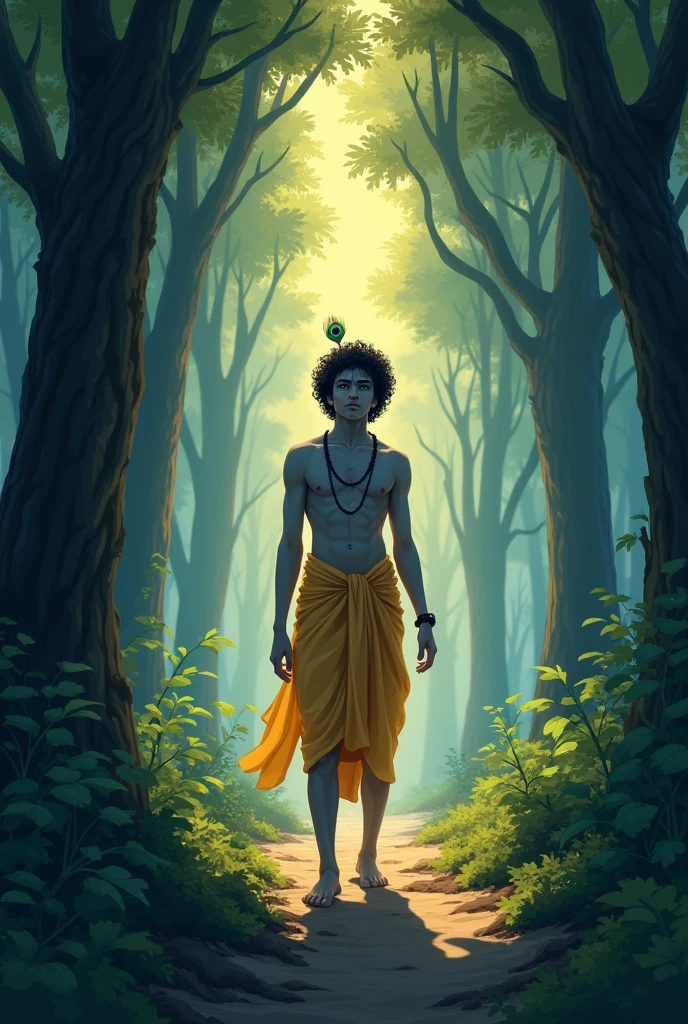 Create an anime-style image of a lost traveler looking confused and tired in a dark forest.  Krishna, with his bluish-black skin and gentle smile, stands behind the traveler, guiding them with a soft, golden light. Krishna wears a small yellow dhoti and a peacock feather in his curly hair. The background should depict the forest transitioning from dark to light, showing Krishna’s role in leading the traveler to safety."