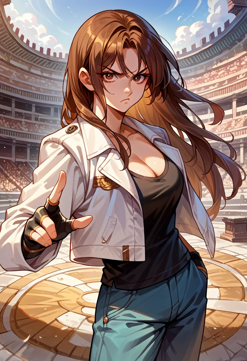 score_9, score_8_up, score_7_up, source_anime, 1girl, solo, (female:1.5), female focus, kyo_nest, brown hair, long hair, brown eyes, white jacket, open jacket, black shirt, blue pants, chain, cleavage, fingerless gloves, standing, pout, looking at you, coliseum