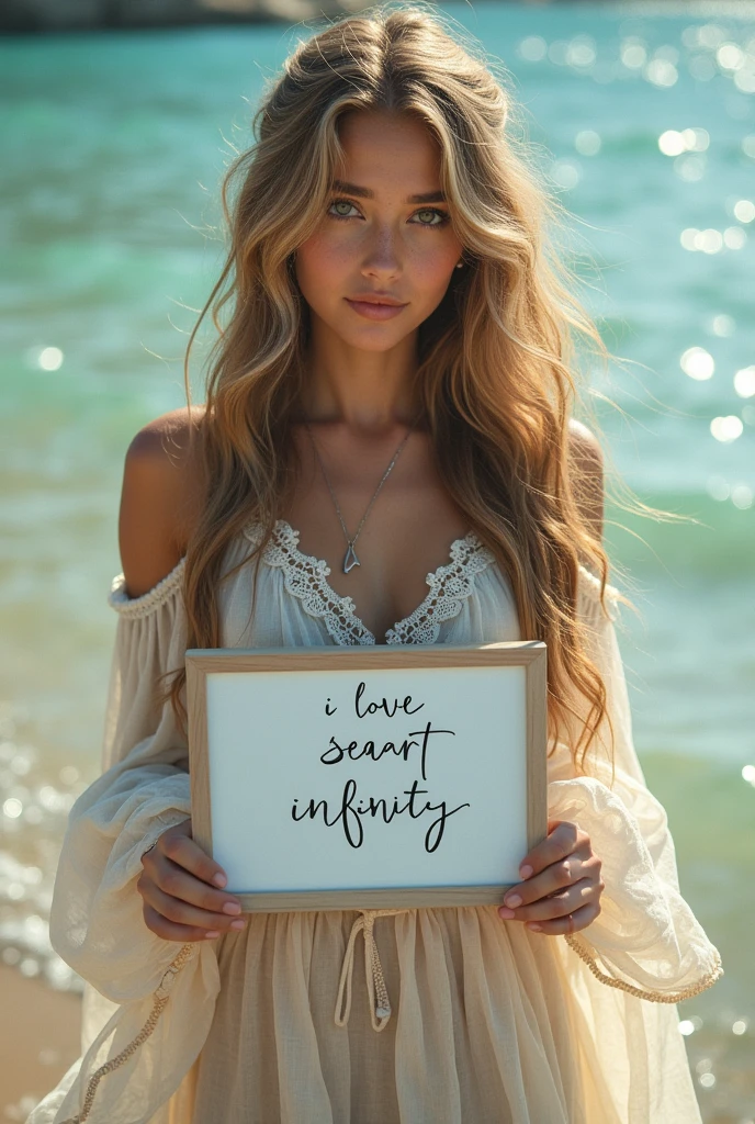 Beautiful girl with wavy long hair, bohemian dress, holding a white board with text "I Love Seaart Infinity" and showing it to the viewer