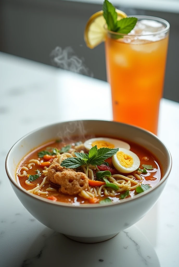 Here’s a refined prompt with a less intensely red broth:
"A beautifully styled close-up of a steaming bowl of Seblak, presented on an immaculate white surface. The bowl is filled with a flavorful, mildly spiced broth that is a warm, golden-brown color rather than intensely red. Inside, the dish features chewy noodles, colorful vegetables, and tender chicken feet. Small, round Palembang crackers with distinctive holes are scattered throughout, adding appealing texture. The bowl is garnished with fresh herbs, slices of boiled egg, and crispy fried shallots.
Next to the bowl, there is a tall glass of refreshing drink, such as a vibrant iced tea or sparkling citrus beverage. The glass is filled with a bright, cool liquid and garnished with a slice of lemon or lime and a sprig of mint. The condensation on the glass highlights its refreshing quality.
Above the bowl, the words 'CANDU SEBLAK' are displayed in an elegant, gourmet-style font. The text is bold and modern, with a clean, white design and subtle gradients that make it stand out against the white background. The overall presentation, featuring the appetizing Seblak and the refreshing drink, is designed to look inviting and sophisticated, enhancing the dish’s appeal and stimulating the appetite."
