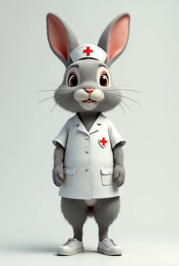An anthropomorphic gray rabbit dressed in a nurse&#39;s outfit, realistic style