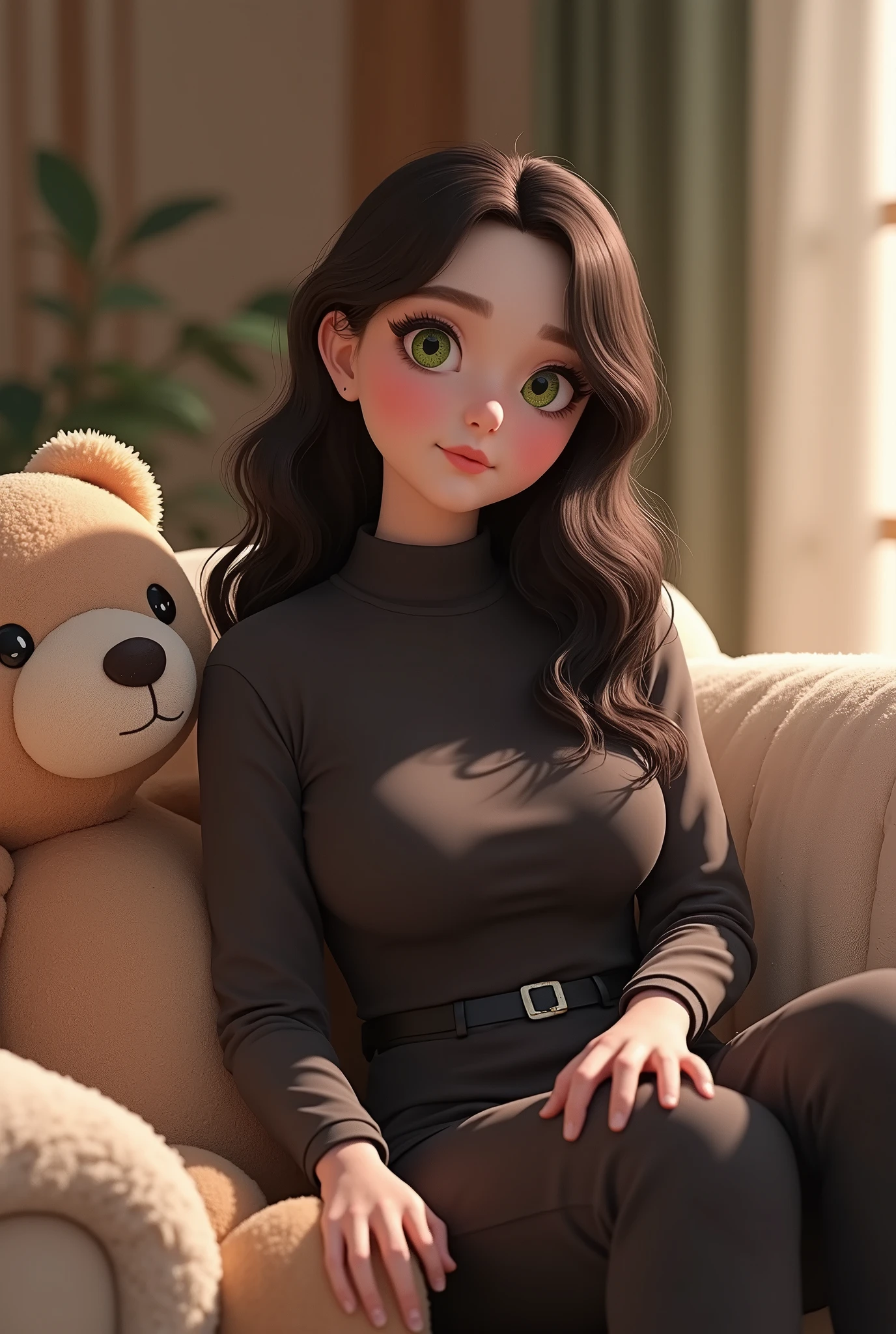 A beautiful light brown skin ai girl in her early 20's with green eyes with brownish black long hair, she's a bit thick and busty with a casual face sitting on her fluffy couch in her fluffy blackish pink turtle neck In her pants in a relaxed pose facing her audience and talking to them with a large teddy on her side zoomed backto see her full body and the room her head should be tilted up a bit and her lips should be moving