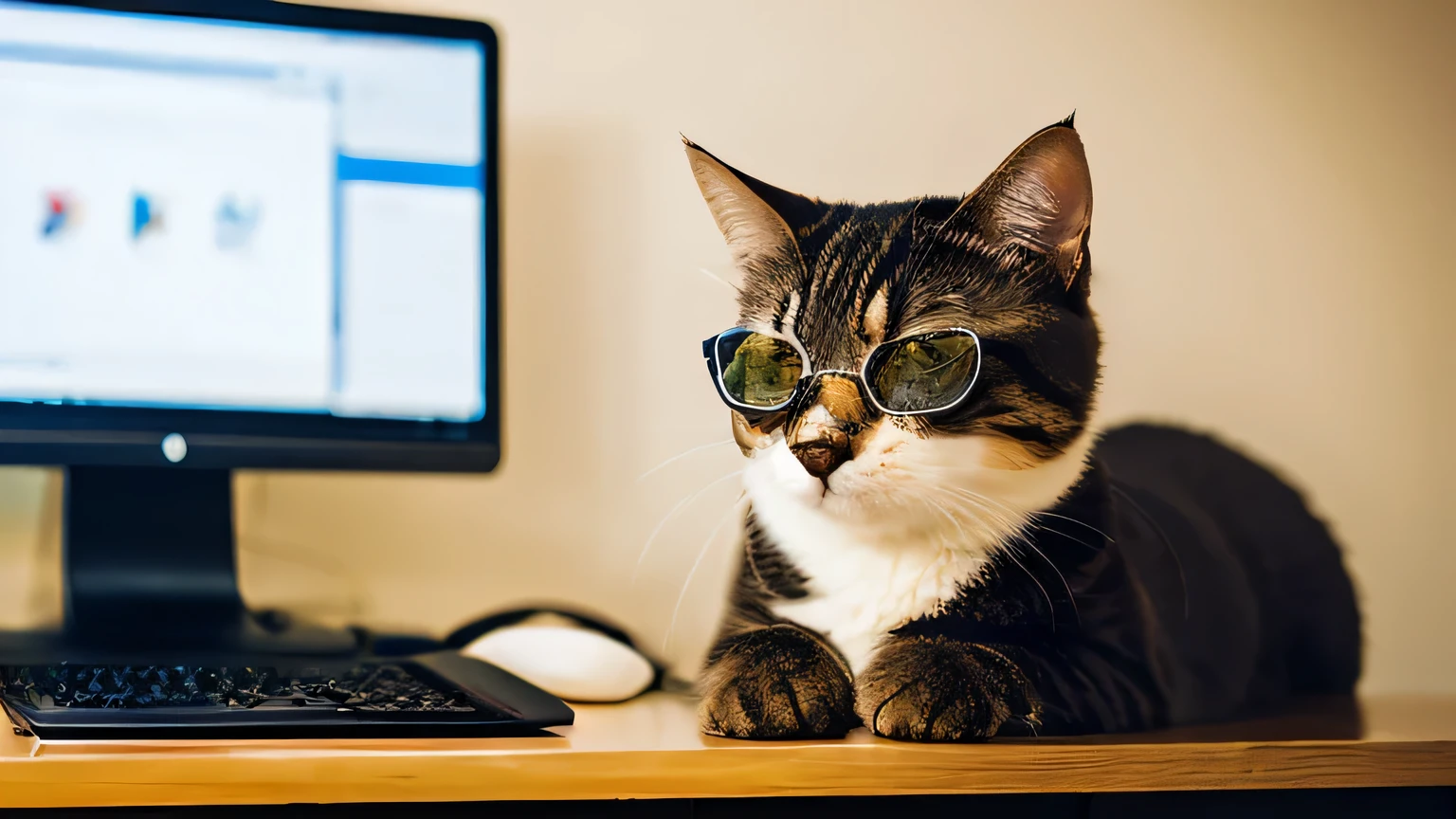 Realistic photos、4K, 8k,masterpiece, A cat wearing sunglasses operates a computer, on the desk, （Resort）, vivid,Real cat