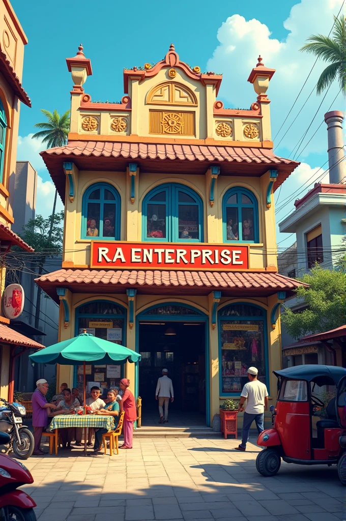 I Want a bangladeshi cloths factory photo with signboard, factory name is R A Enterprise