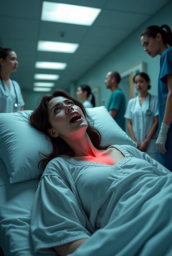 a car has an accident and rolls over and spins several times on the road, the brunette woman sees her life flash before her eyes, completely scared, she wakes up in the hospital and feels pain all over her body, she opens her eyes and sees some nurses next to her from your bed.