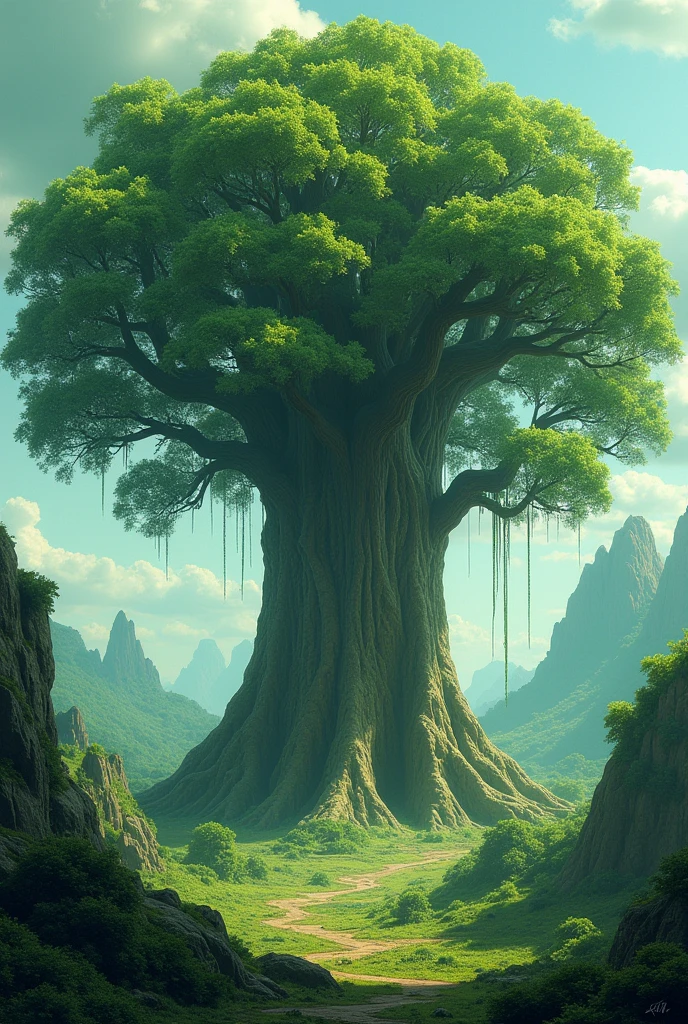 A big tree, with green background 