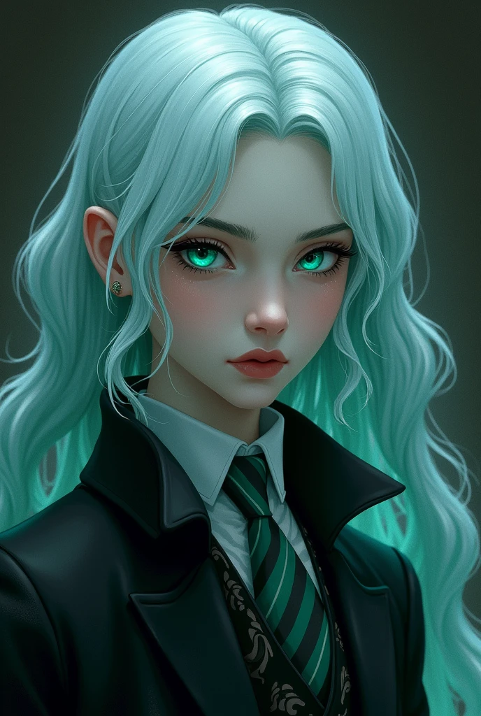 I am writing a fiction, boy love, hogwarts au.
Create two illustrations of Aquarius Thorn Lewis of Slytherin house.. light blue hair, so pale that people think it's white, turquoise eye color, aristocratic appearance, crazy, arrogant, proud, There is a snake named Noctis., falcon guardian angel, Hawthorn wand with Dragon heartstring core,...