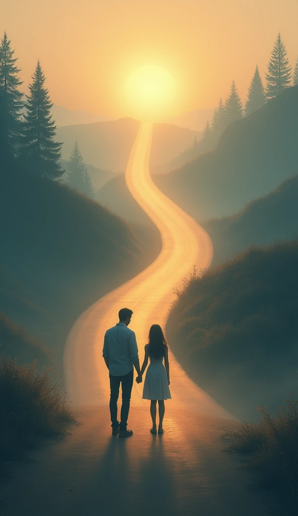 Depict a journey scene where a couple is standing at the beginning of a long, winding road that symbolizes their life journey. The path ahead has a gentle, inviting glow, with soft fog in the distance. One person looks anxious or hesitant, while the other gently reassures them, holding their hand. The setting is serene, with the road surrounded by trees and hills.
