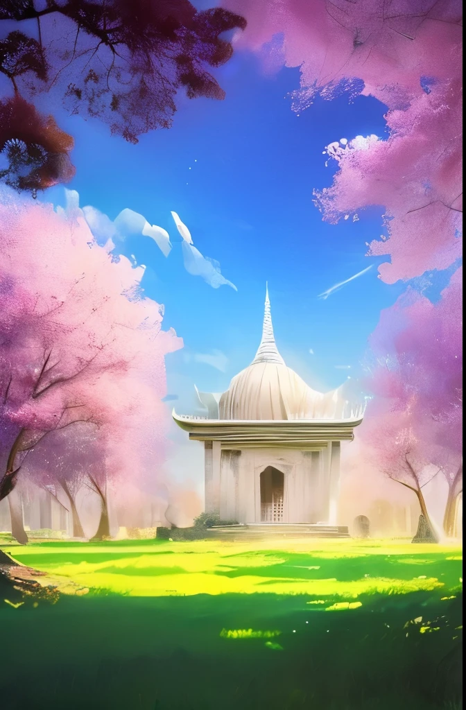 there is a small white building in the middle of a field, mysterious temple setting, a mystical temple, background depicting a temple, secret overgrown temple, entrance to ethereal realm, temple background, portal to the ethereal realm, mythical shrine, beautiful anime scene, anime beautiful peace scene, the most beautiful scene, ancient temple, at sunrise in springtime, mystical setting