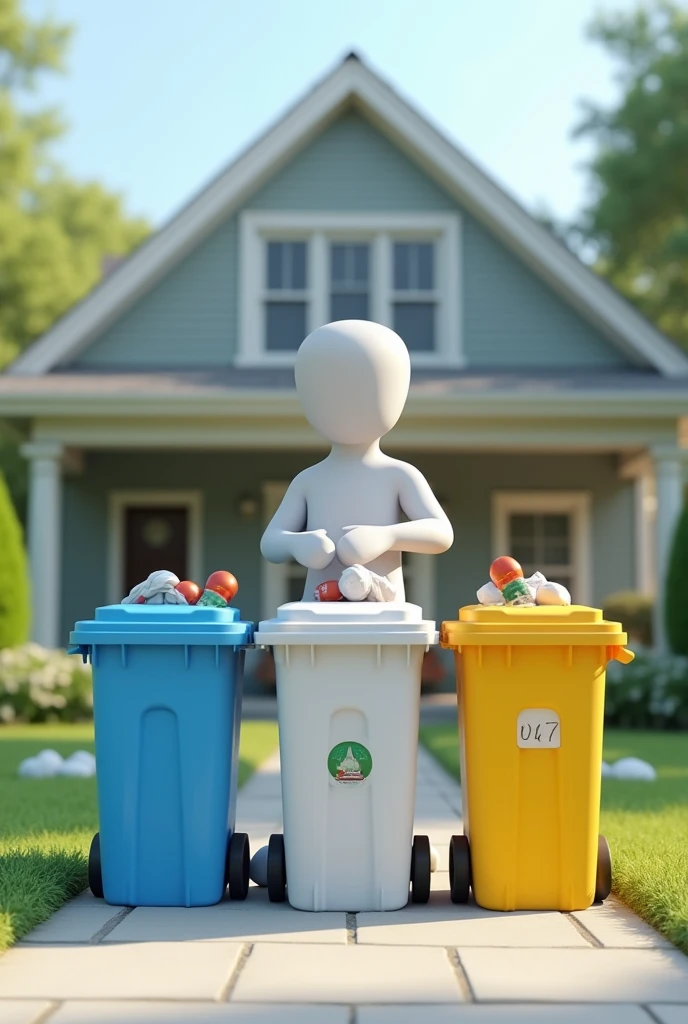 Create an 3d image of a person who is throwing garbage in blue white and yellow garbage bins in front of house 