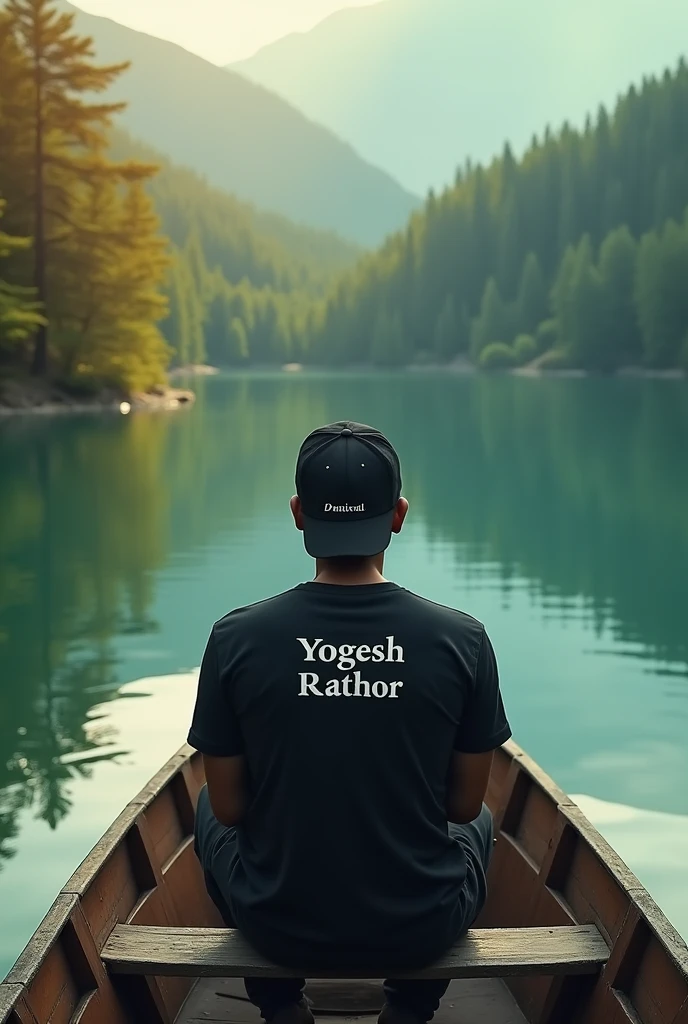 a serene lake with crystal clear water, a 1 man sitting on boat,the boy wearing a black cap and tshirt , YOGESH RATHOR name on the tshirt,the man looking forant, wooden boat, lush green forest in the background, golden hour lighting, highly detailed, photorealistic, dramatic lighting, realistic reflections, stunning landscape, vibrant colors, cinematic composition, RATHOR name on the cap 