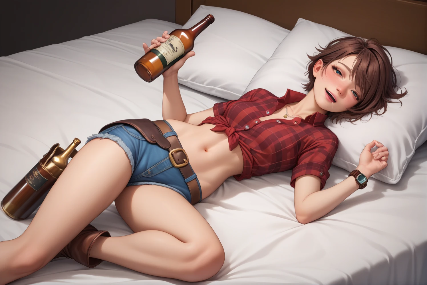 Sexy Cowgirl,Red plaid　Berry Short　Short rolled up sleeves　collared cowgirl shirt,Denim hot pants,Western belt with holster,Western Boots,Watch on wrist,Navel exposed,Drunk,Above the knee shot,Open your eyes,Lying in bed,Ultra-high resolution,16K