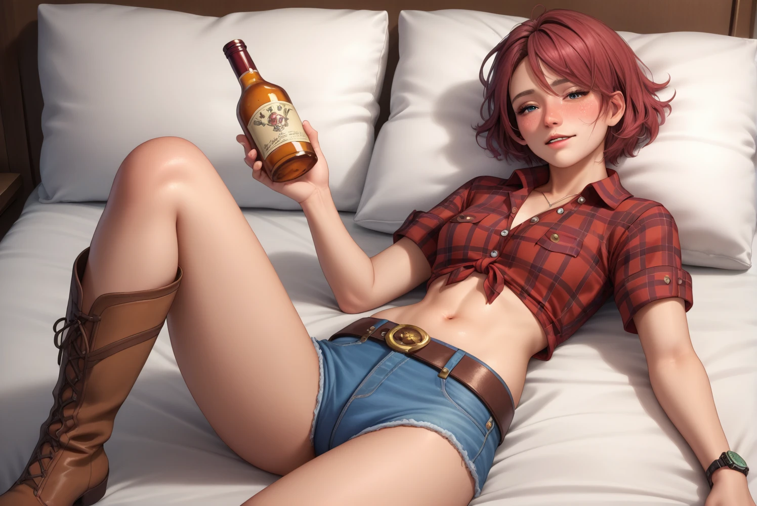 Sexy Cowgirl,Red plaid　Berry Short　Short rolled up sleeves　collared cowgirl shirt,Denim hot pants,Western belt with holster,Western Boots,Watch on wrist,Navel exposed,Drunk,Above the knee shot,Open your eyes,Lying in bed,Ultra-high resolution,16K