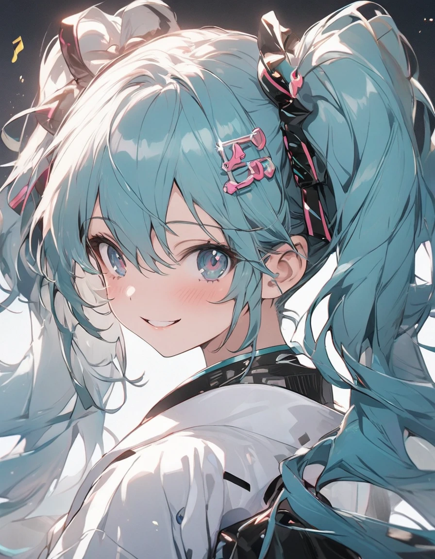 masterpiece、hatsune miku、Twin tails、 Musical note shaped hair accessory、 Dharma、smile、Focus on the face,  ((Background of the score))
