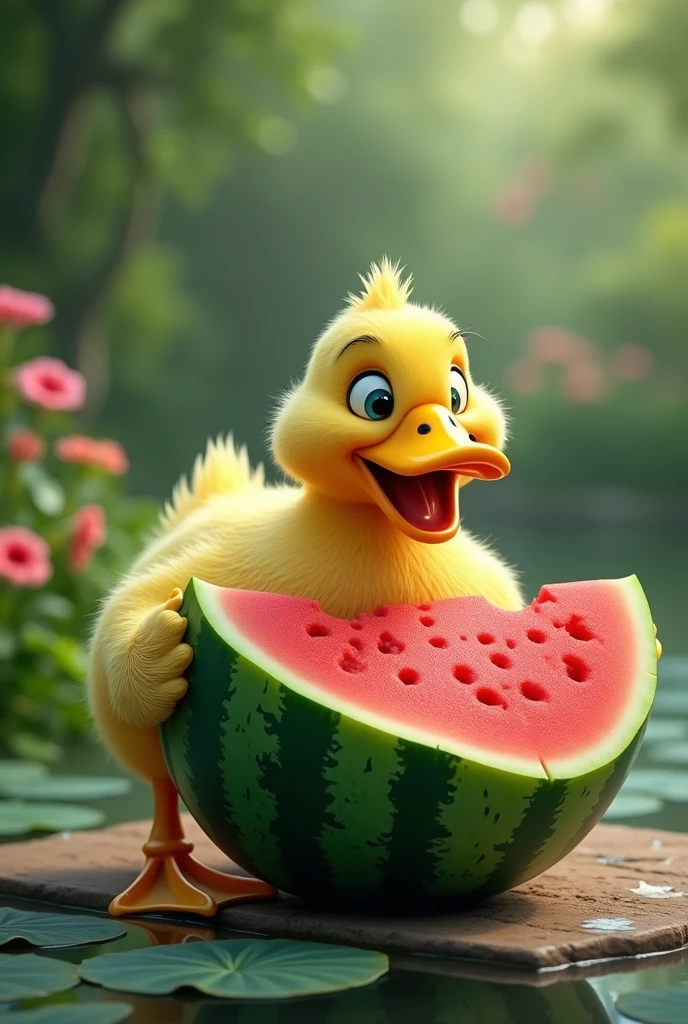 A duck eating a watermelon