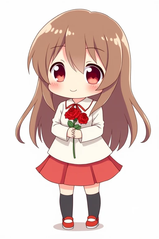 A cute anime girl with long brown hair, red eyes, wearing a simple white dress shirt with a red handkerchief-shaped ribbon, a simple red skirt, black socks, and red shoes with white areas is smiling gently and holding a single red rose in both arms, this is a deformed illustration.