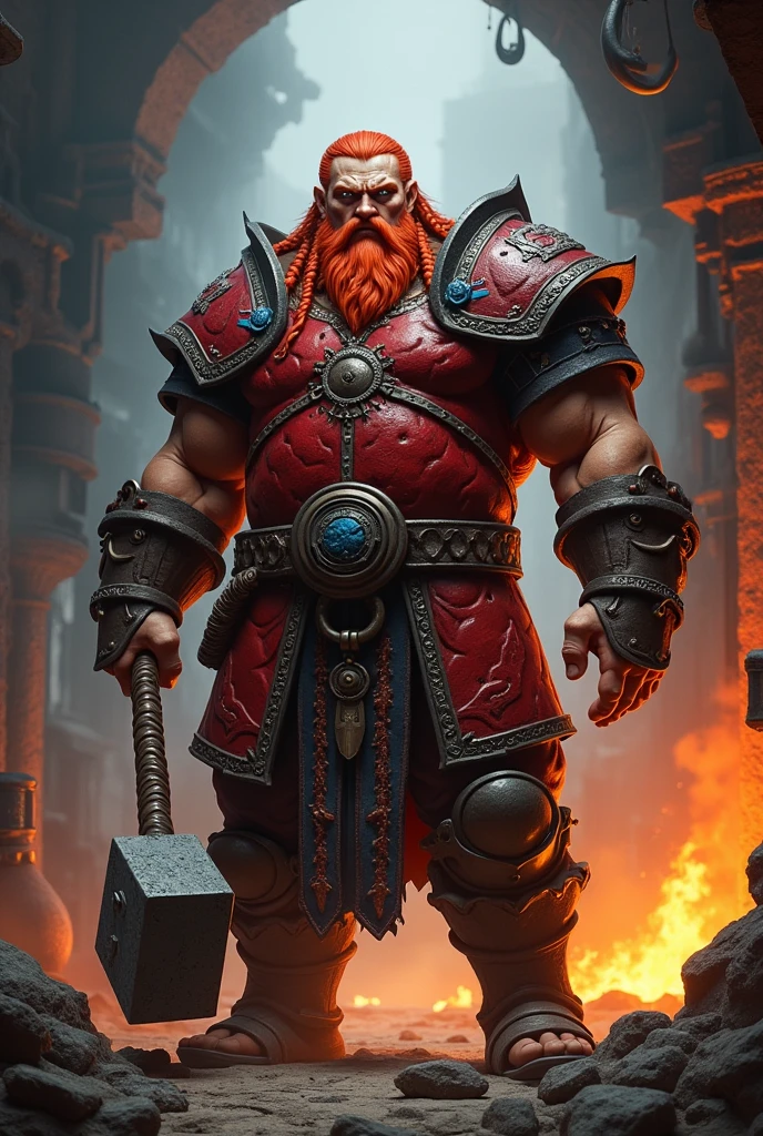 I would like a large, strong, broad man with long braided red hair like a Viking, a long braided beard, orange eyes, and a square face. He wears a large red armor with details in black and blue over his body, with large boots on his feet. He carries a hammer in his hands, and I would like the background to be a forge. I would like it to be in a mature style, with the art in a fantasy and RPG style set in the Old West.