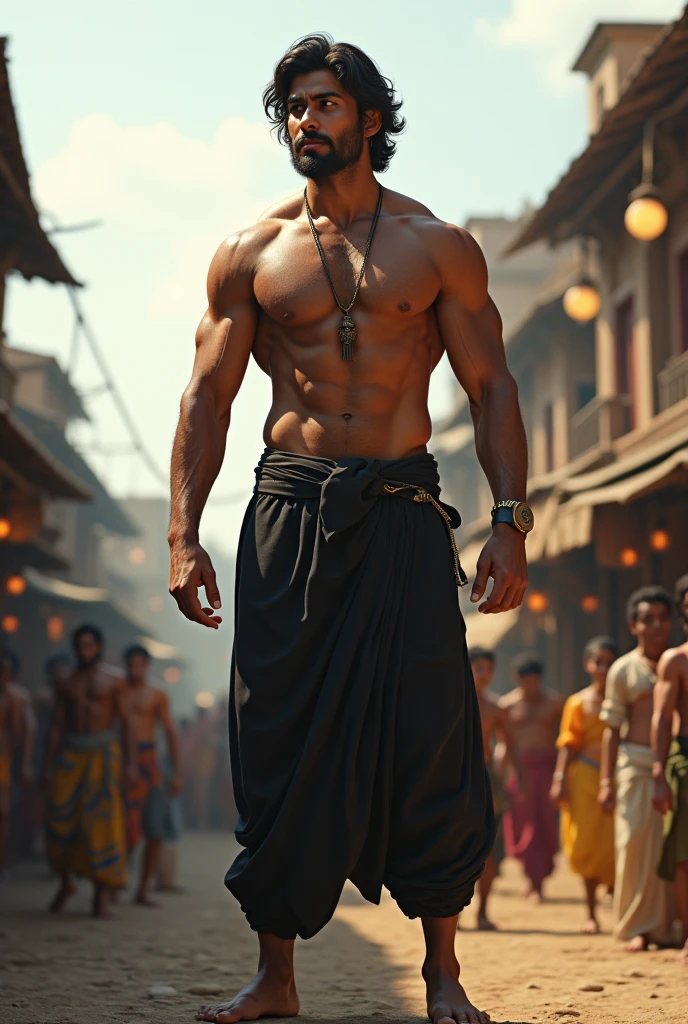 A 20 year old boy with body of ramayan time whose color midium with 180 feet hight who is belongs to Hindu shree krishn family with black pant he have silky mid size hair in a town show half of his body