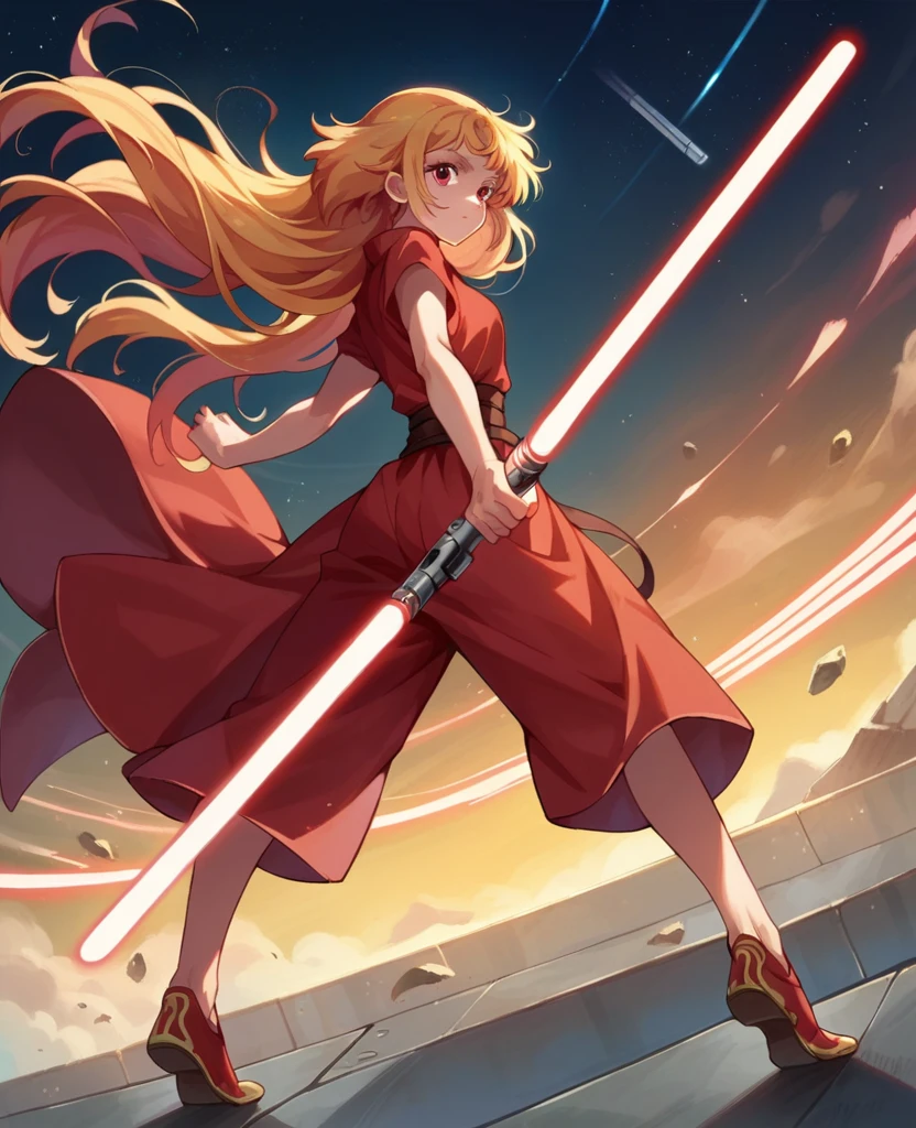 Ruby hoshino, golden hair, very long hair, star wars, Jedi, lightsaber, red lightsaber, high shoes, bare hands, hoops, 