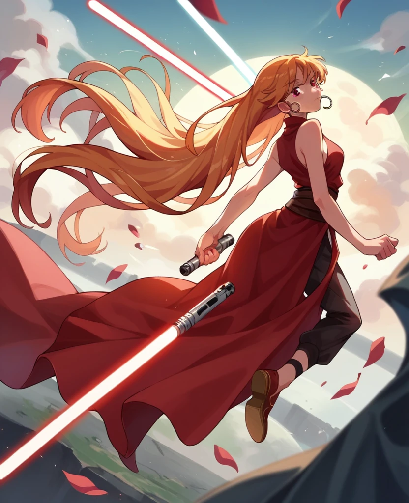 Ruby hoshino, golden hair, very long hair, star wars, Jedi, lightsaber, red lightsaber, high shoes, bare hands, hoops,