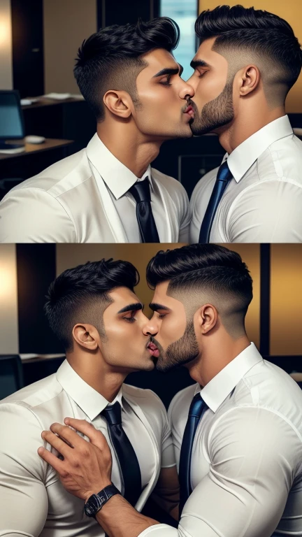 Business man Indian Gurjar gay couple wetty mouth to mouth kissing saliva dripping from mouth with big shinning eyes big lips wide jawline beautiful hunk face spiky black hairstyle, kissing in office 