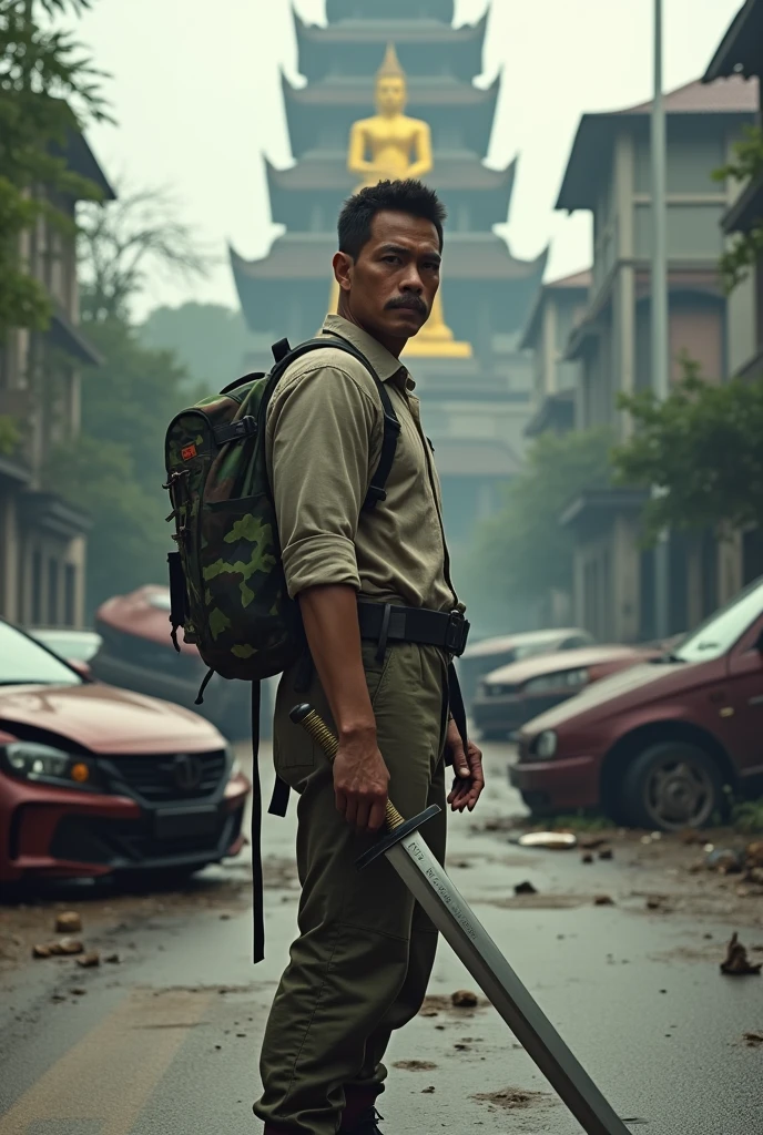 Create realistic images a Thai man stand to the side and turn their heads to look forward. On the back, he carries a camouflage backpack. Both hands gripped the hilt of the sword. Clothes were stained and partially torn. Standing in the middle of a road full of overturned car wreckage. The background is an abandoned building. Thai style building and there is a large yellow Buddha statue.