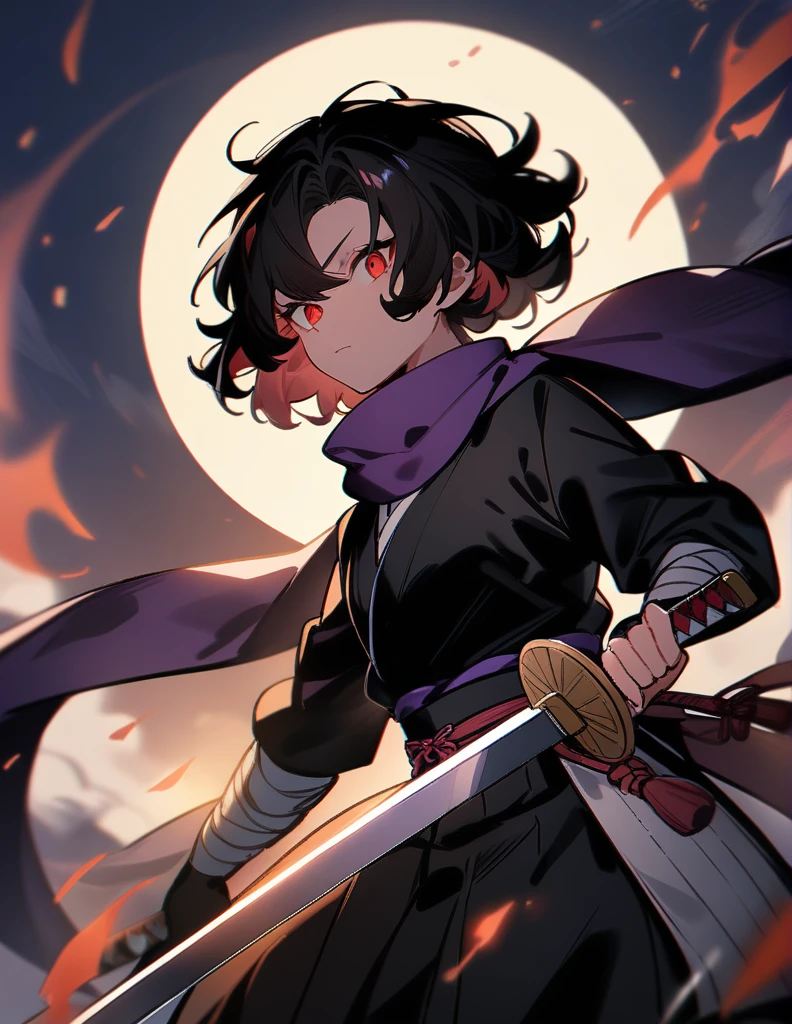 by white, Curly hair, short hair, a demon from demon slayer, kny clothes holding a sword, full moon, male, burning red eyes, purple scarf, High resolution, masterpiece, of the highest quality,