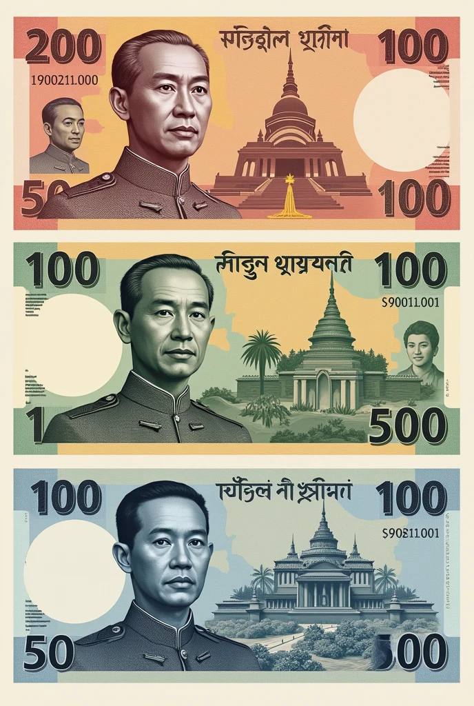 I wanna make my own banknotes for 100, 200, 500, 1000, 5000, 10000, 50000 RISES as usual, in different colors. At the front side of 15.5 cm x 6.9 cm of notes, General Aung San pic will appear with the value, and at the back, different Myanmar’s popular places will appear. Note; white watermark is at the left side of front view, and if couse at the right side of back mote. Make them in one sheet as a professional.