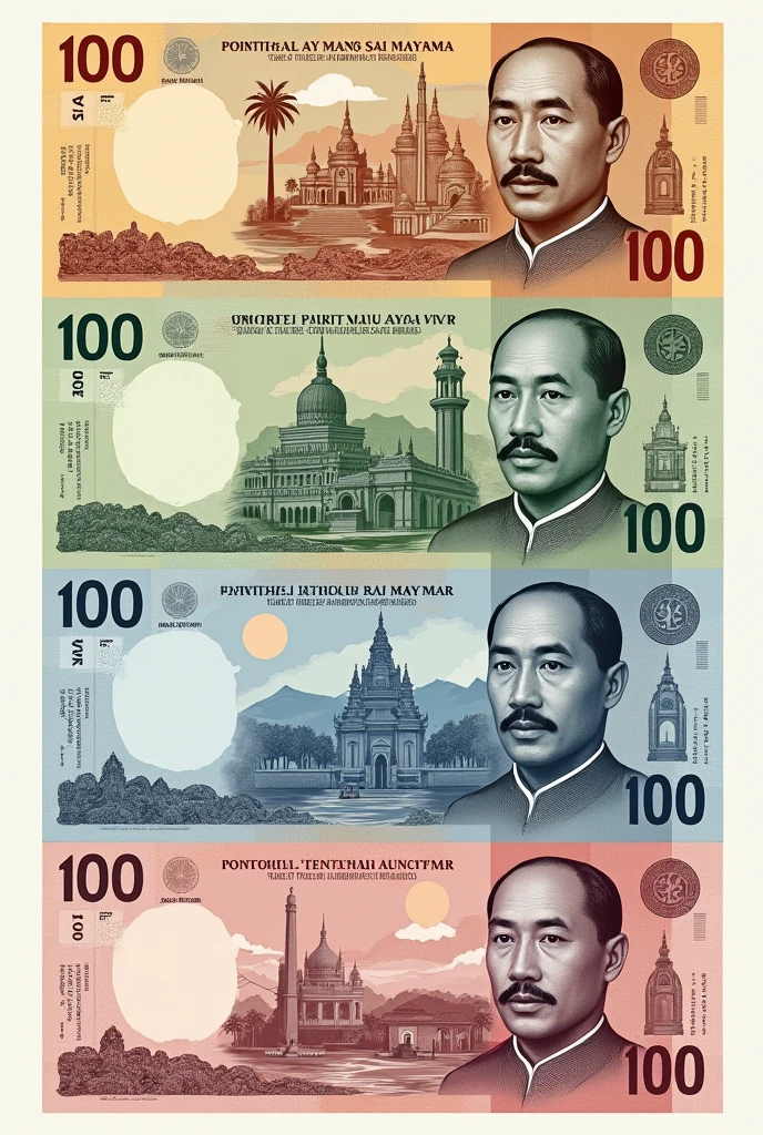 I wanna make my own banknotes for 100, 200, 500, 1000, 5000, 10000, 50000 RISES as usual, in different colors. At the front side of 15.5 cm x 6.9 cm of notes, General Aung San pic will appear with the value, and at the back, different Myanmar’s popular places will appear. Note; white watermark is at the left side of front view, and if couse at the right side of back mote. Make them in one sheet as a professional.