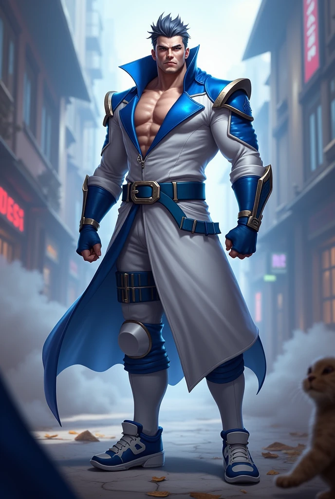 Generate Gusion from mobile legends bang bang games.
Outfit: White and blue with clear and not hidden print "smokers".
Background realistic
