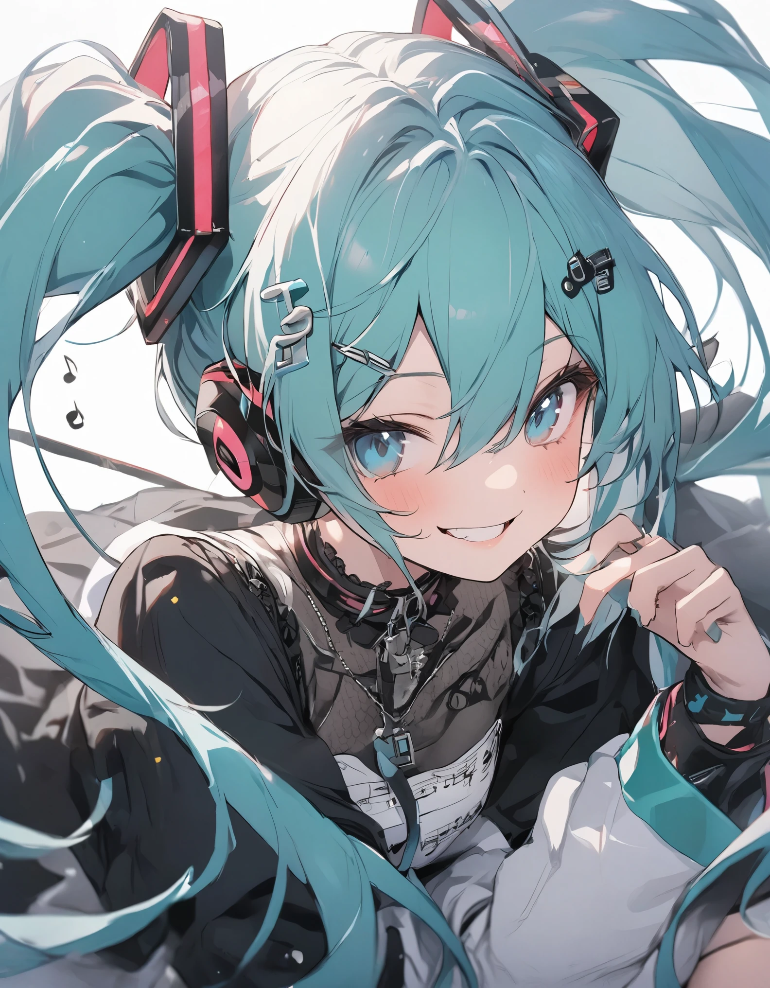 masterpiece、hatsune miku、Twin tails、 Musical note shaped hair accessory、 Dharma、smile、Focus on the face, ((Background of the score))