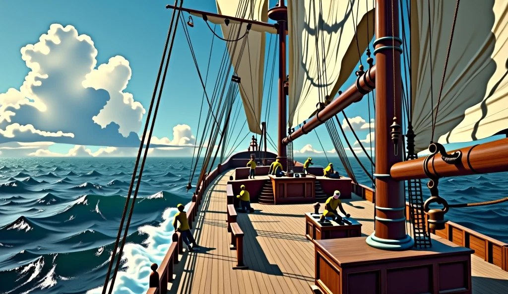 The deck of a sailing ship in the middle of the sea during the day